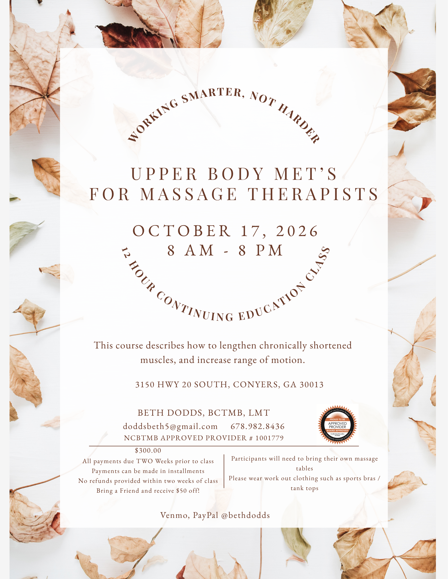 Upper Body MET's for Massage Therapists class flyer for October 17, 2026